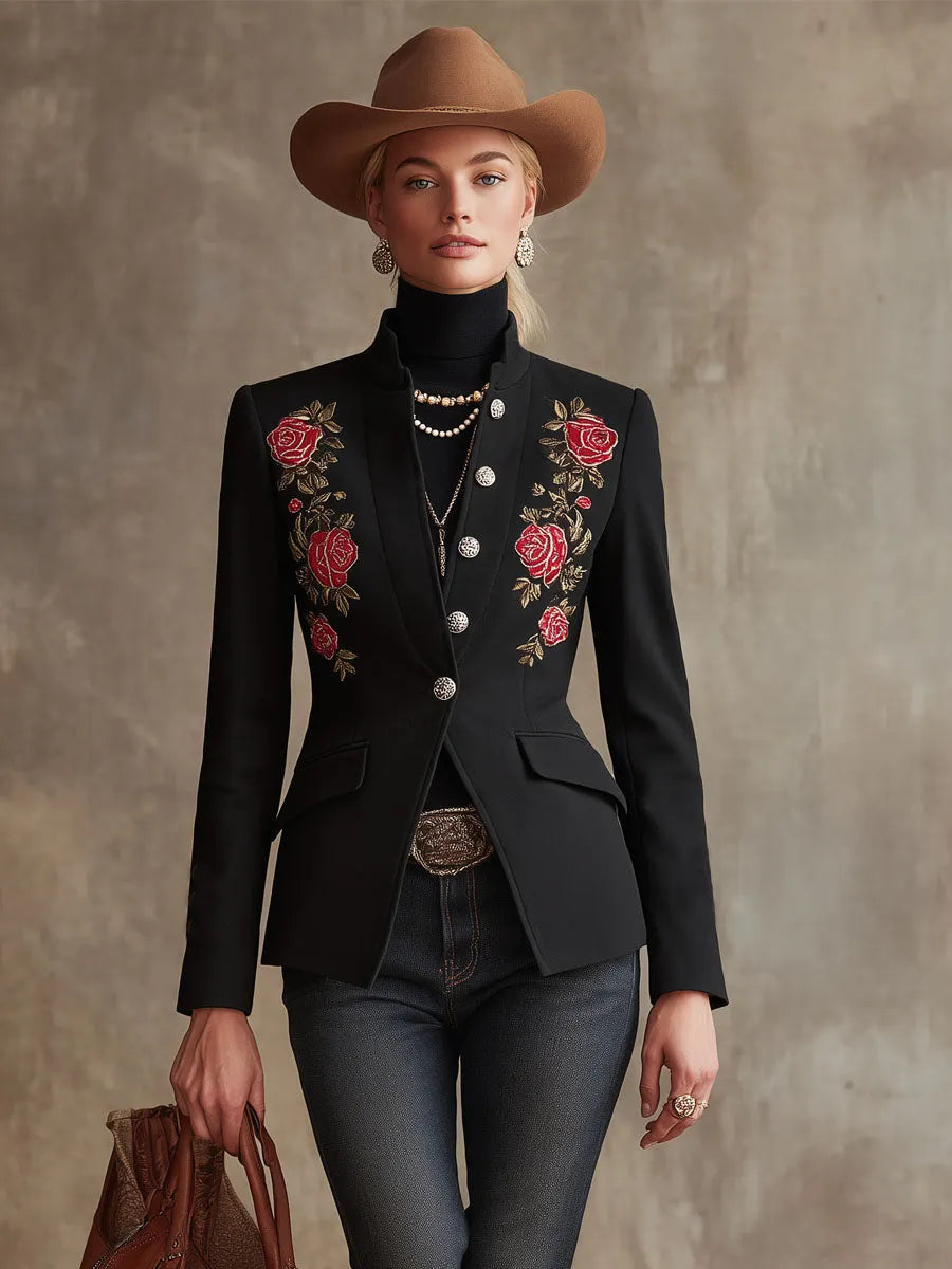 Stand Collar Single-breasted Rose Embroidered Woolen Blazer