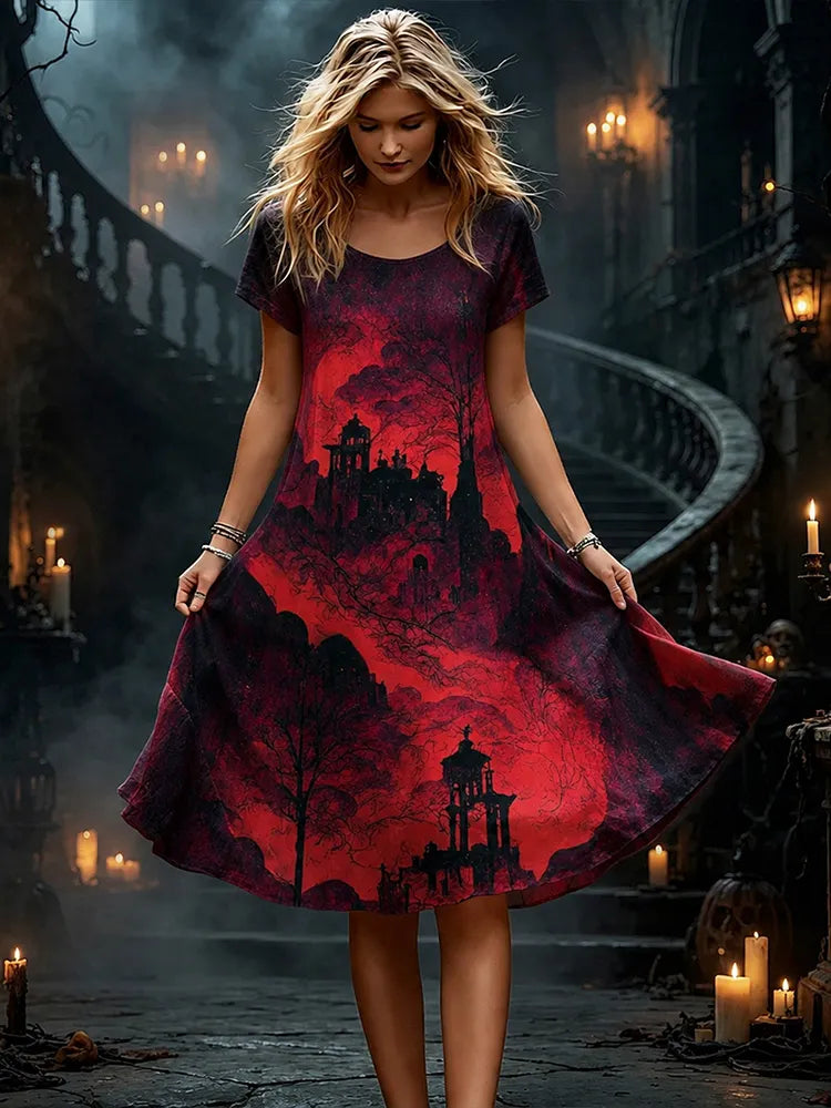 Women's Gothic Dark Castle Red Sky Halloween Print Casual A-line Skirt