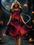 Women's Gothic Dark Castle Red Sky Halloween Print Casual A-line Skirt
