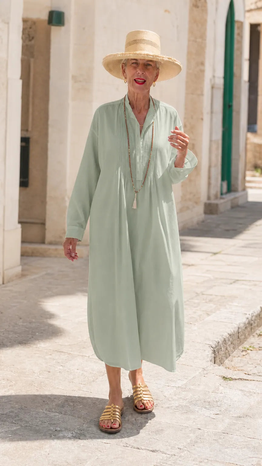 Women's Pintuck Pleated Button Midi Shirt Dress Loose Long Sleeve Caftan