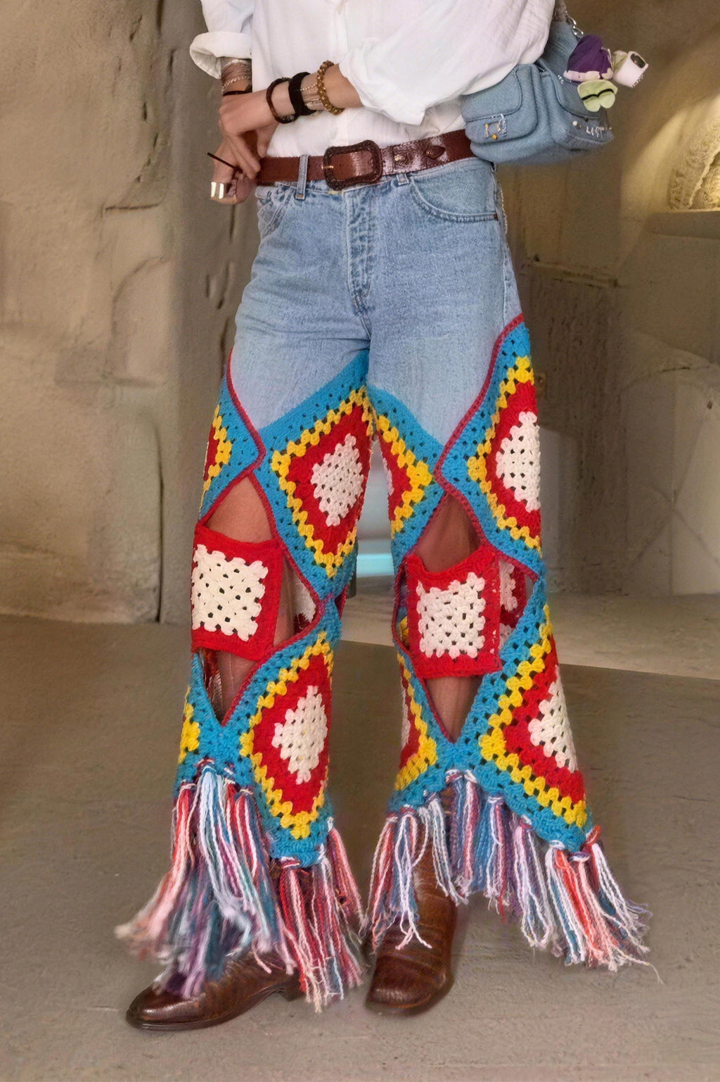 Women's Resort Multicolor Knit-Panel Fringe-Hem Pants