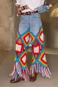 Women's Resort Multicolor Knit-Panel Fringe-Hem Pants