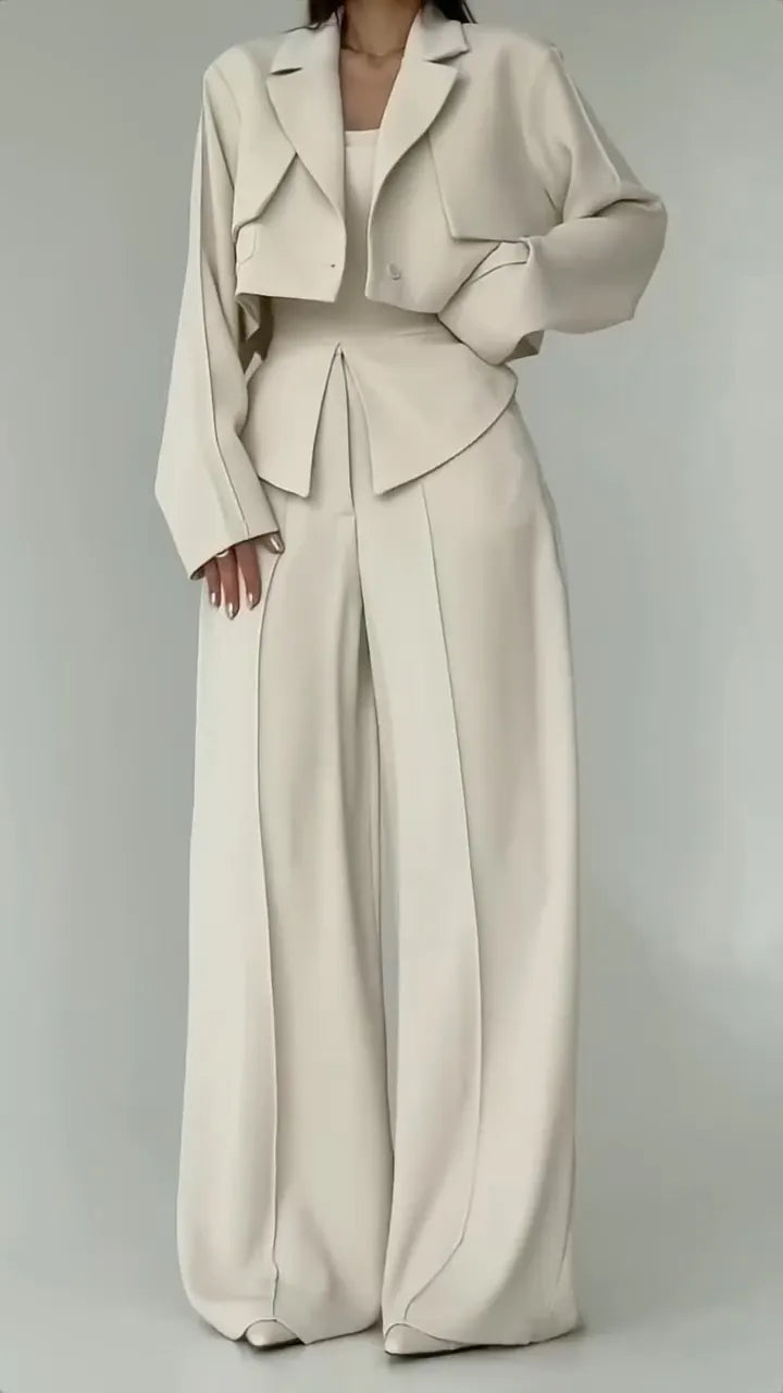 Taupe Cropped Blazer Two‐Piece Pants Set