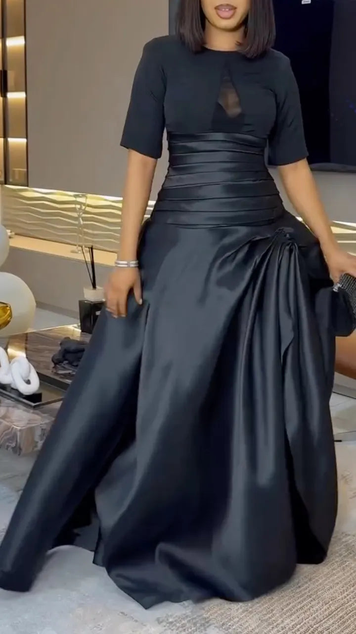 Black Satin Mix‐Fabric High Slit Maxi Gown