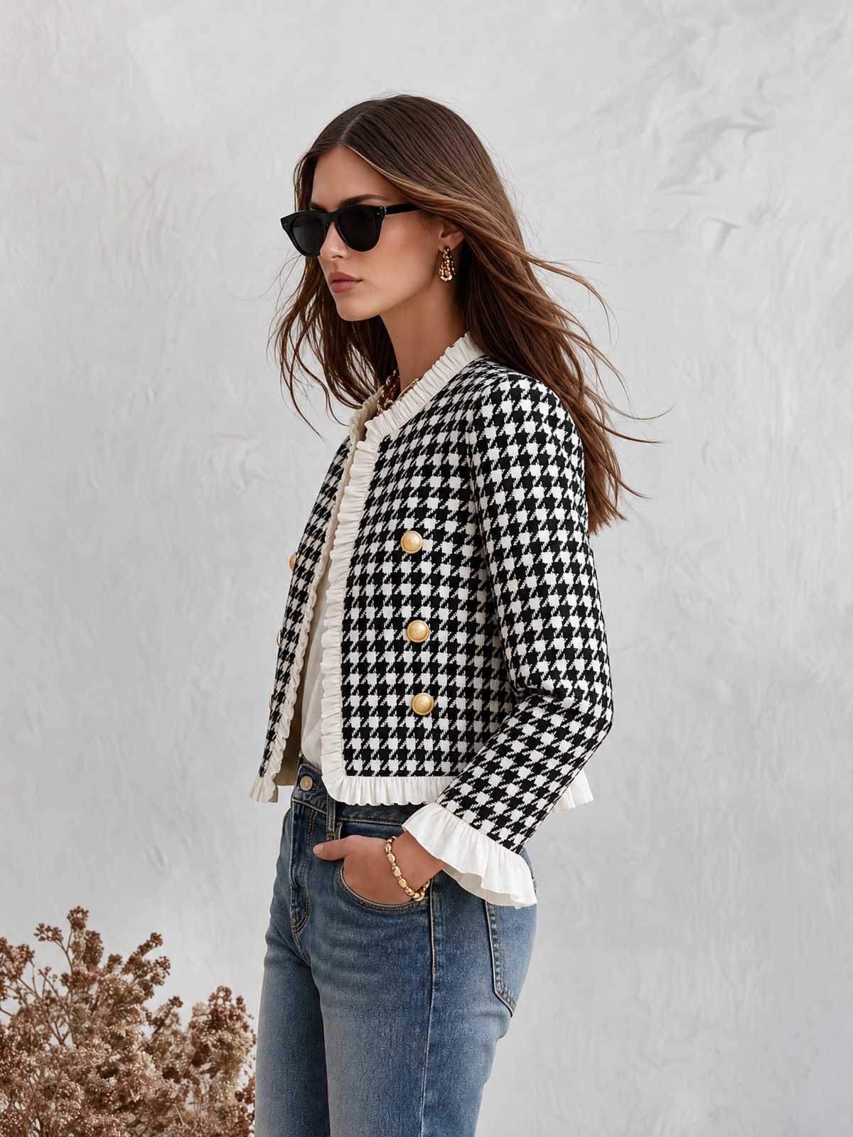 Resort-style Crew-neck Houndstooth Ruffle Jacket