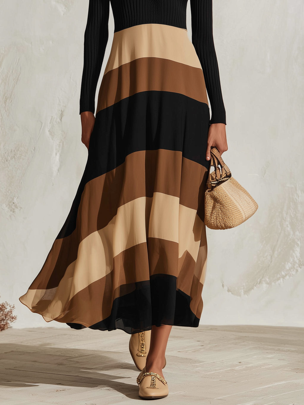 Bohemian Multi Brown Stripe Ribbed Knit Chiffon Maxi Dress