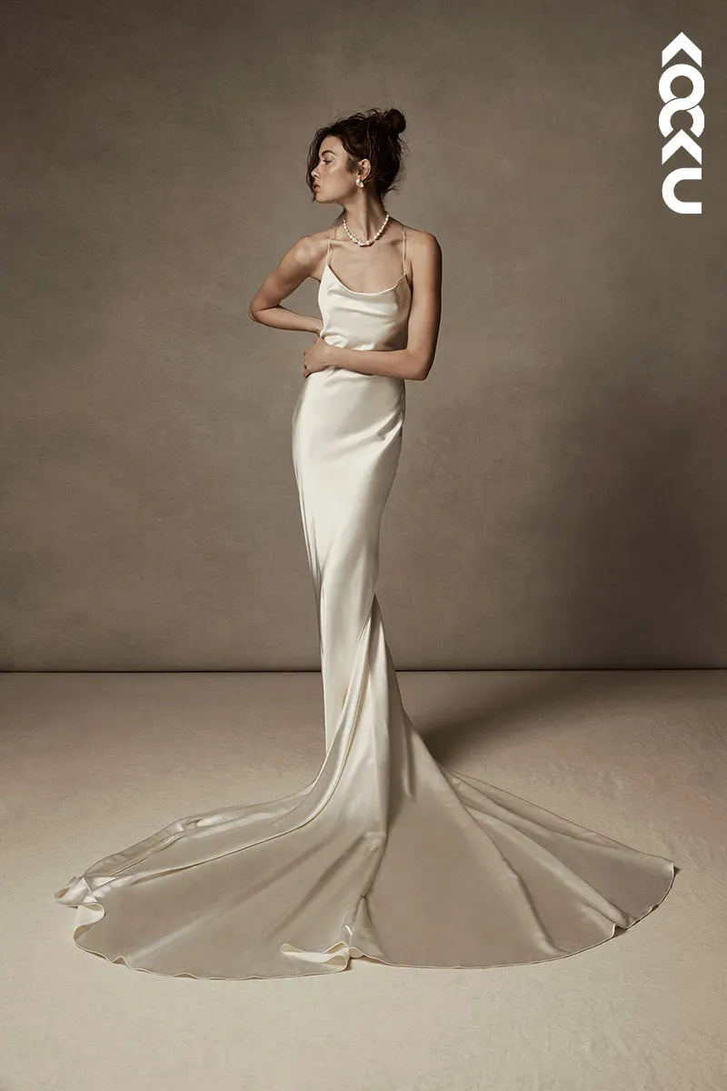 K1823 - Spaghetti Straps Satin Tulle Mermaid Long Wedding Dress With Sweep Train