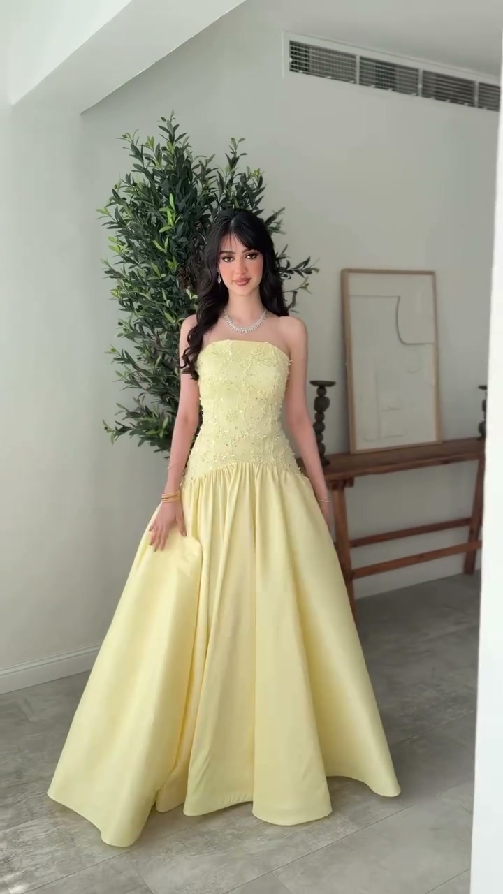 butter-yellow-strapless-ball-gown-boned-bodice-drop-waist-prom-dress