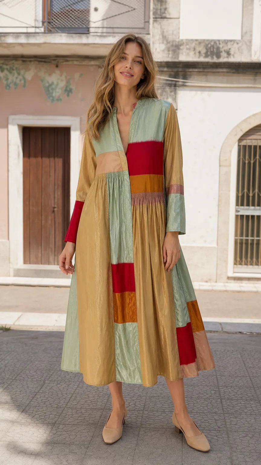 Boho Colorblock Long Sleeve Midi Dress