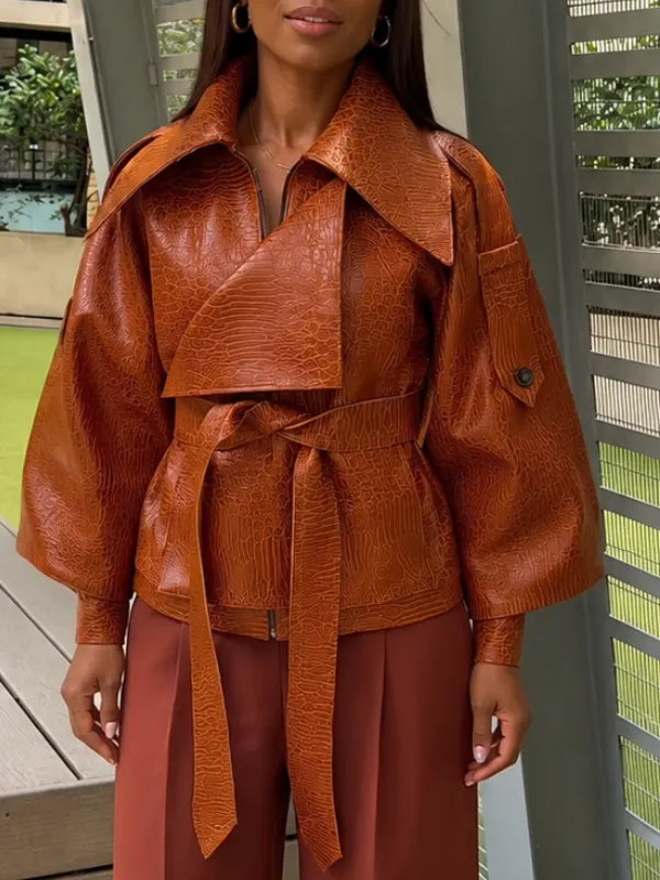 Croc‐Embossed Faux Leather Belted Wrap Jacket
