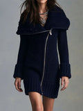 Boho Chunky Cable Knit Asymmetric Zip Collared Sweater Dress