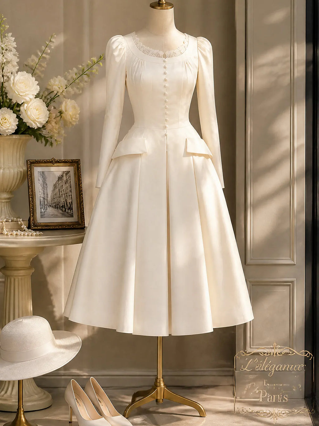 Vintage Ivory Pearl-Button Lace-Trim Puff-Sleeve A-Line Dress