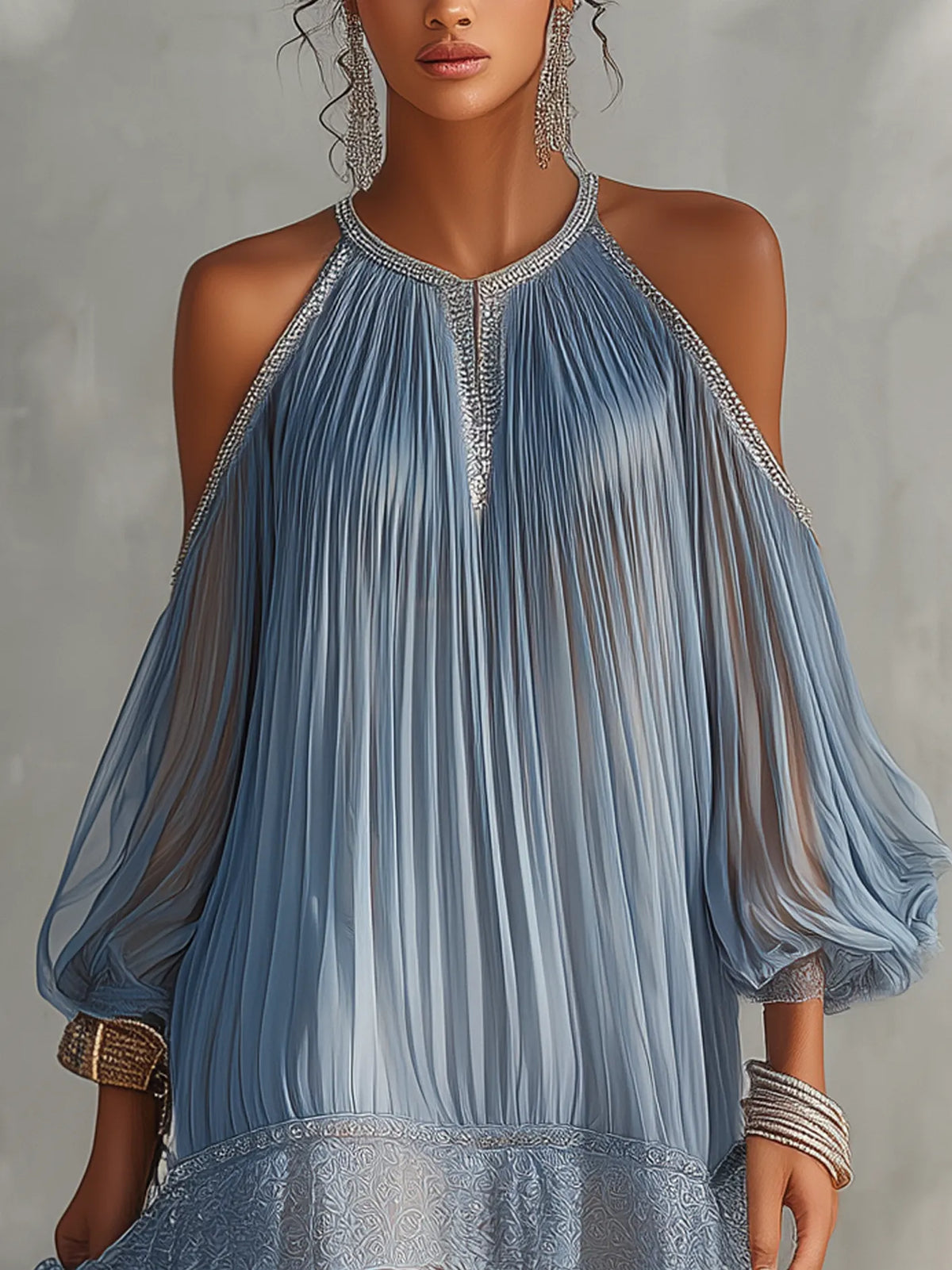 Sky Blue Sparkle Trim Lace Cold Shoulder Pleated Mini Dress