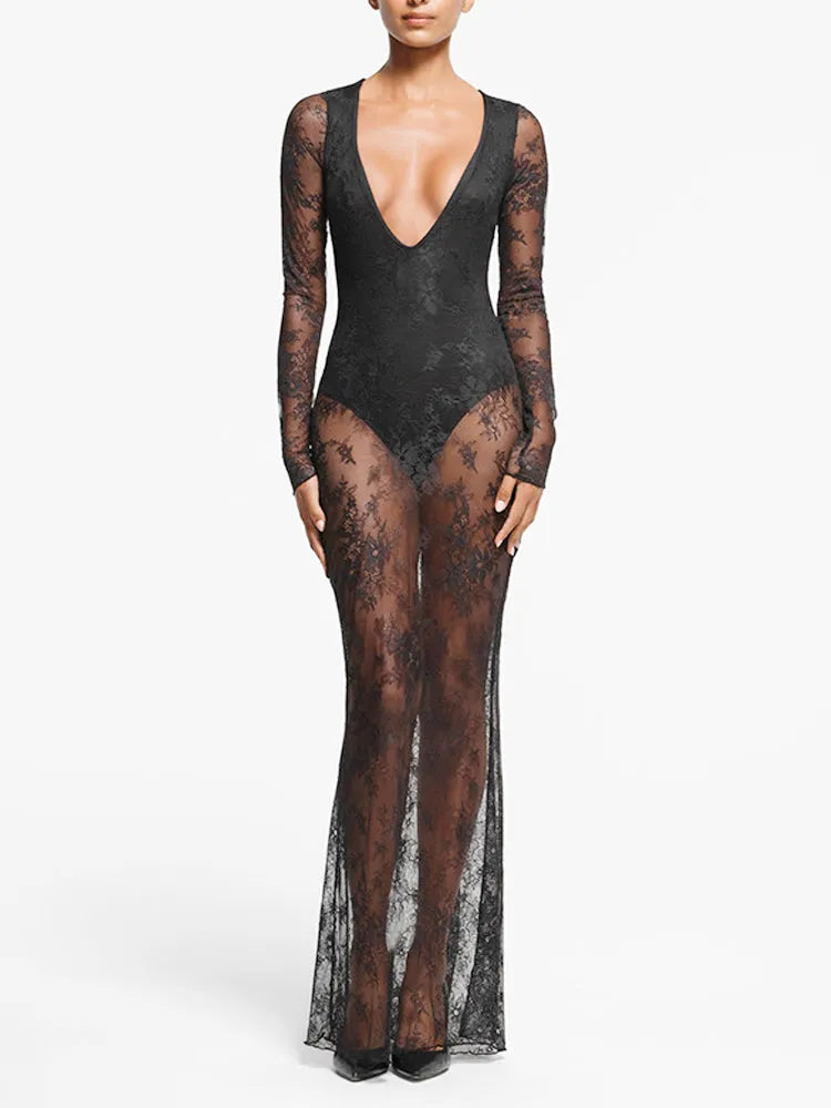 Lace Trim V Neck Maxi Dress