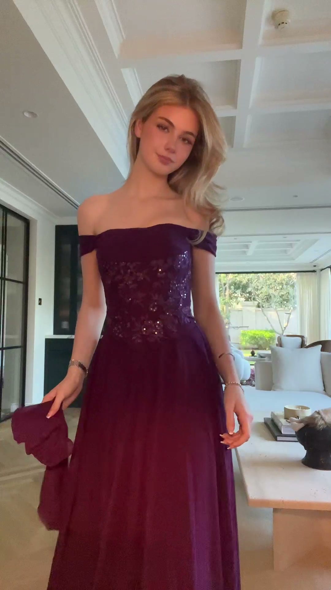 plum-off-shoulder-lace-bodice-gown-ribbon-scarf-a-line-maxi-dress