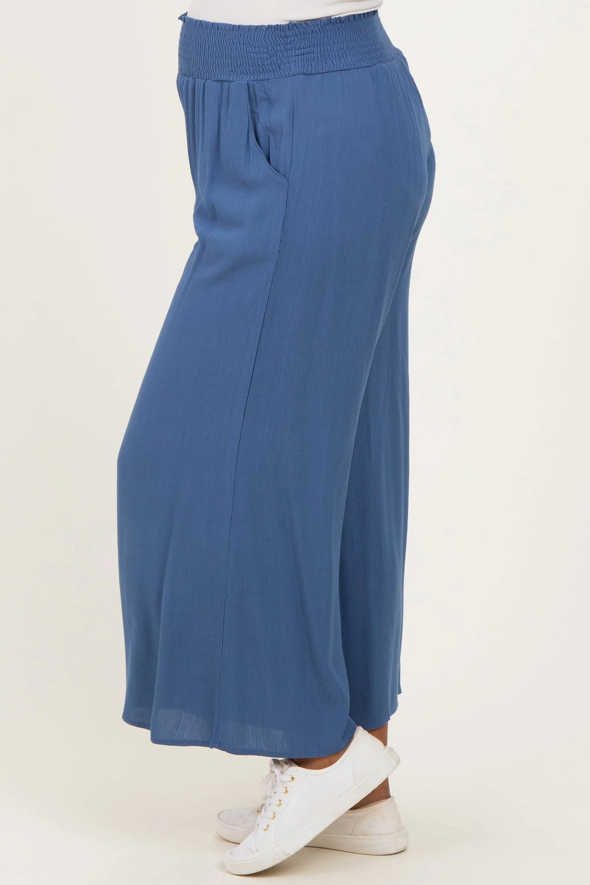Blue Smocked Waist Ankle Wide Leg Maternity Pants