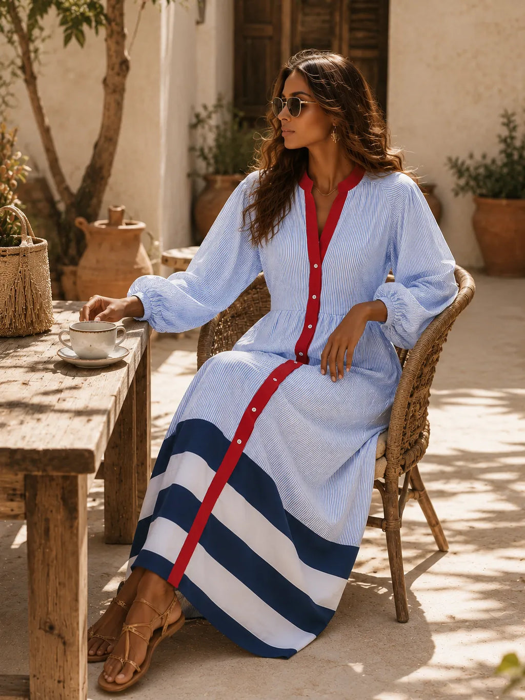 Retro-design Color-blocked Striped Midi Dress