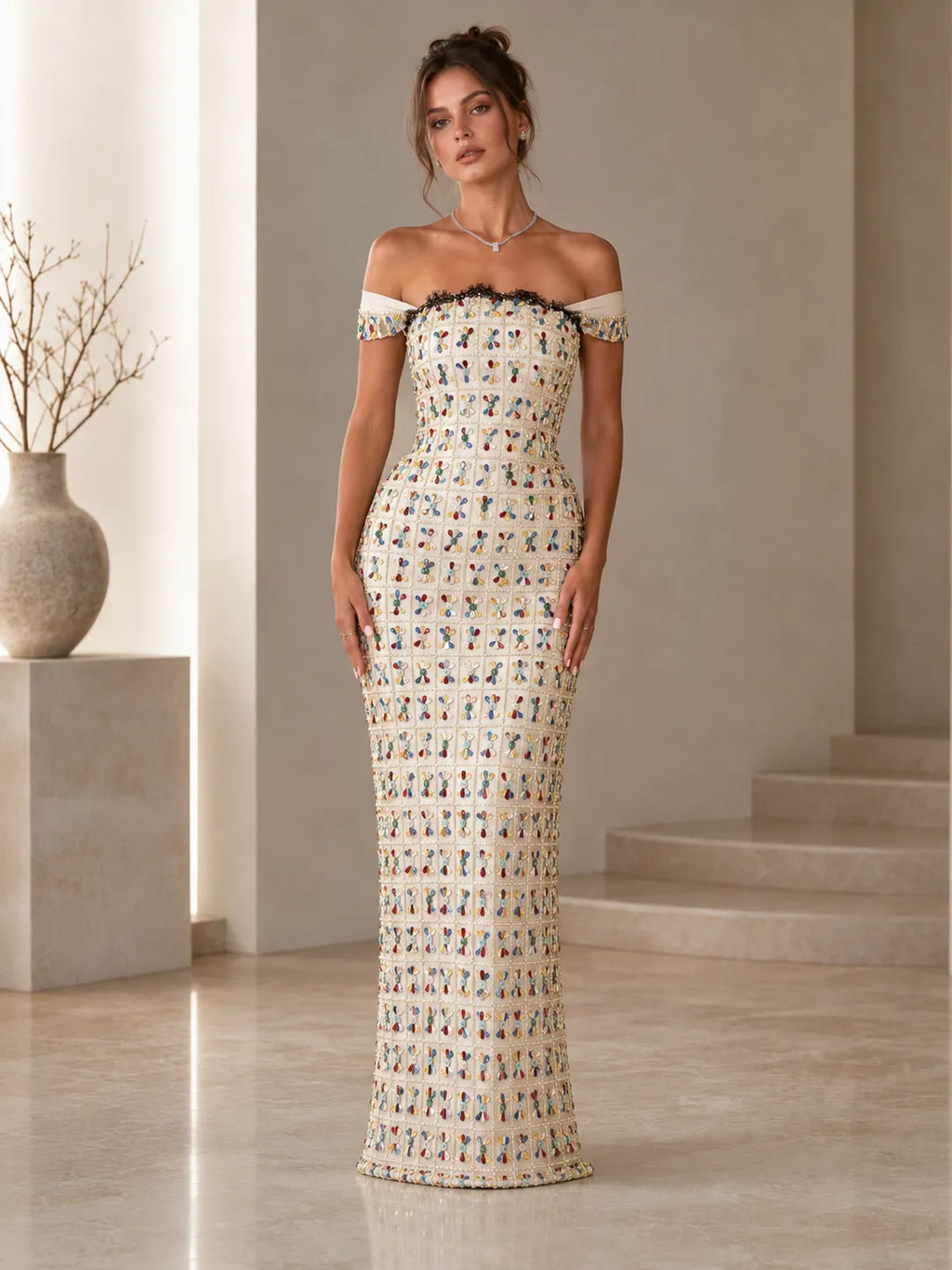 Off-Shoulder Embellished Mermaid Maxi Dress