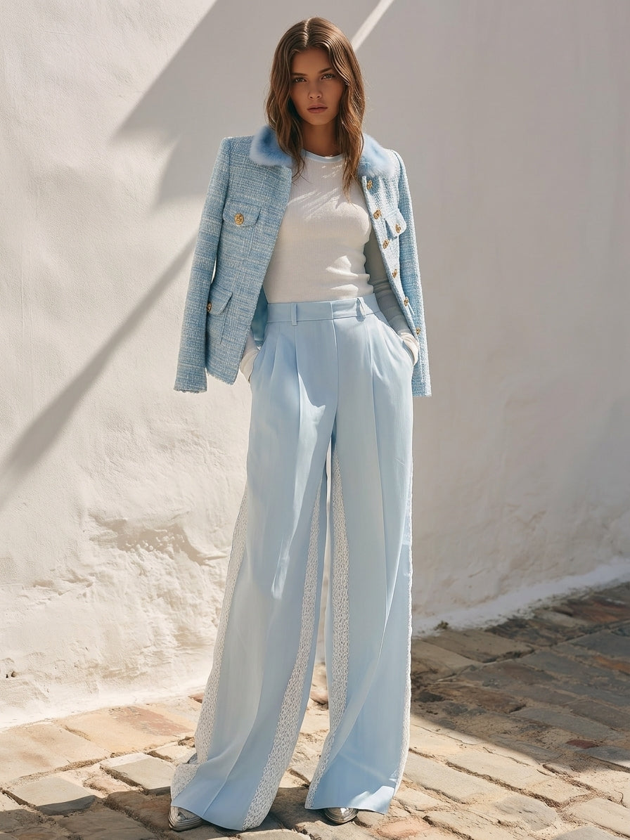 Mediterranean Vibe White Sky Blue Lace Panel Two Piece Set