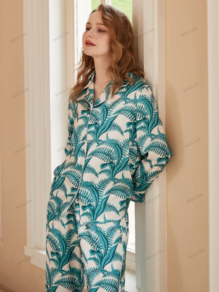 Mimosa Pattern Ice Silk Long Sleeve Casual Wear Set