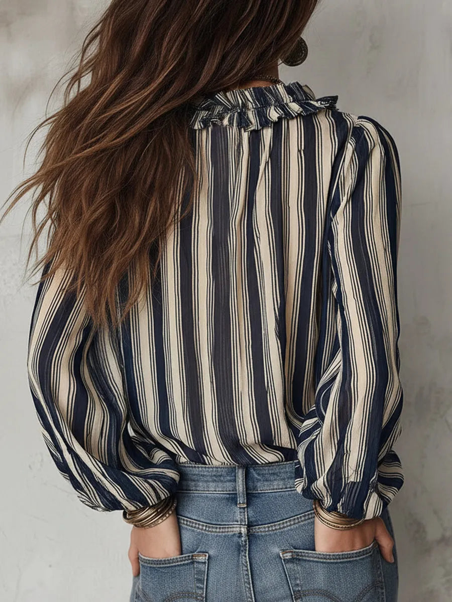 Bohemian Striped Chiffon Blouse With Ruffles
