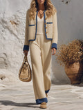 Resort-style Round Neck Long-sleeved Button-down Jacket And Trousers Set