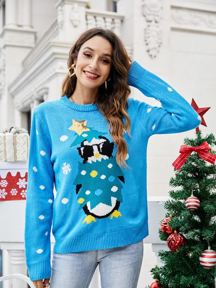 Round Neck Casual Penguin Embroidery Knit Sweater