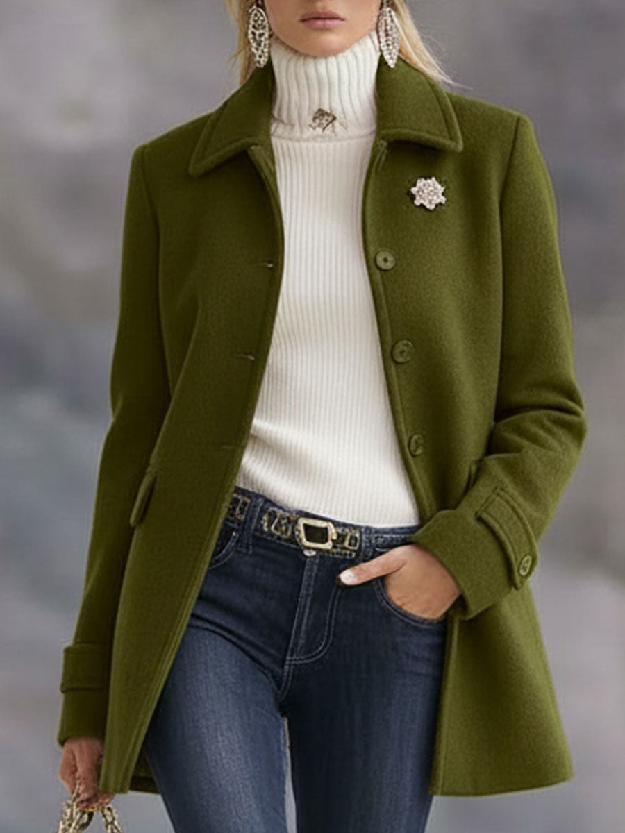 Casual Retro Olive Green Tweed Coat