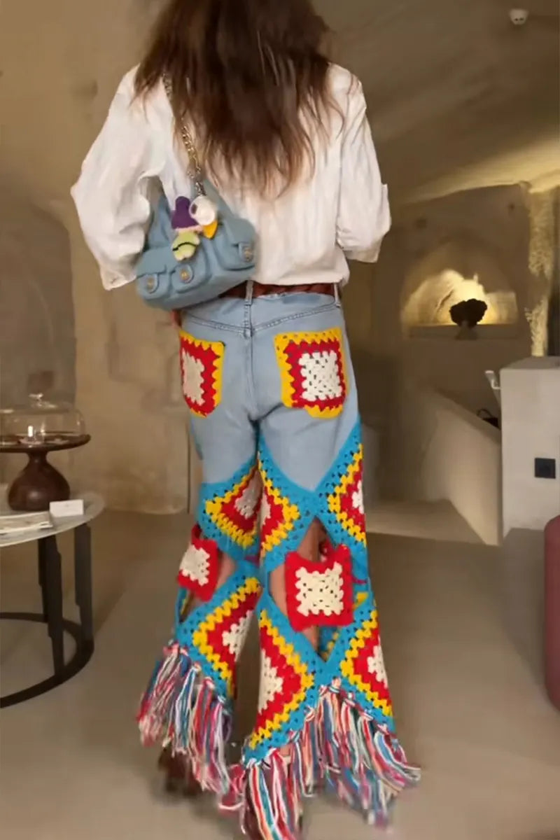 Women's Resort Multicolor Knit-Panel Fringe-Hem Pants