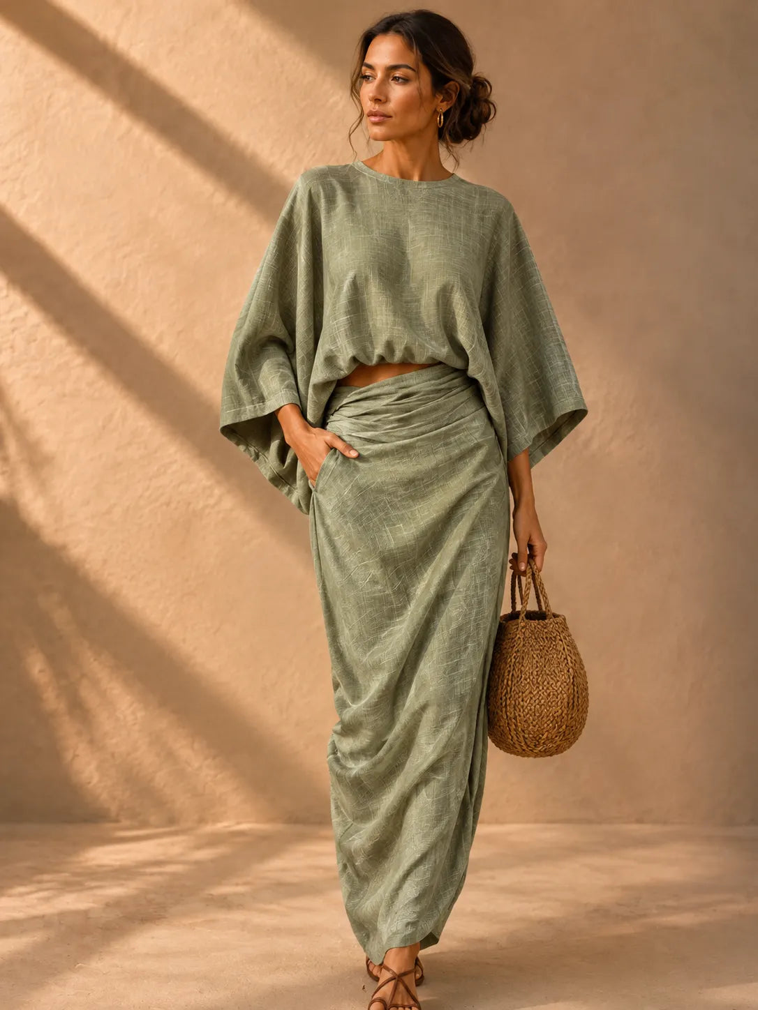 Linen Blend Batwing Top & Wrap Maxi Skirt Two‐Piece Set