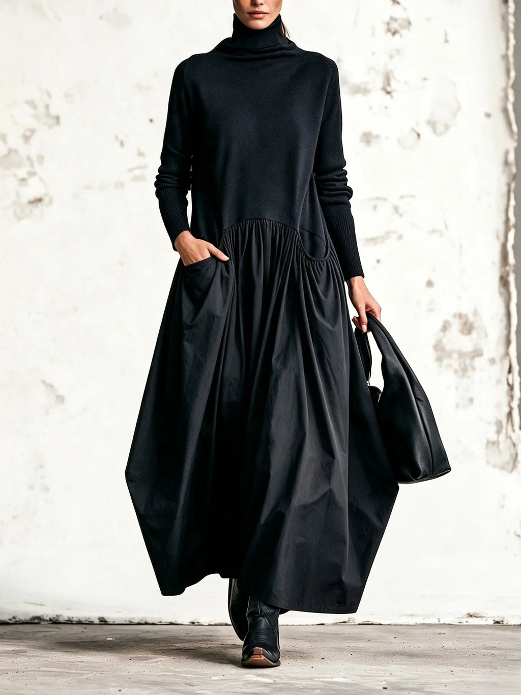 High Neck Pocket Detail Oversized Maxi Dress