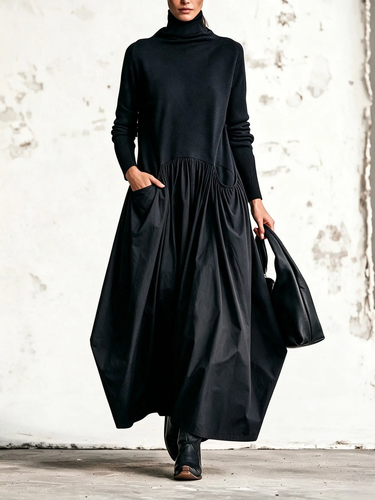 High Neck Pocket Detail Oversized Maxi Dress