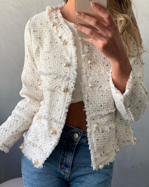 Women's Round Neck Pearl Tweed Jacket