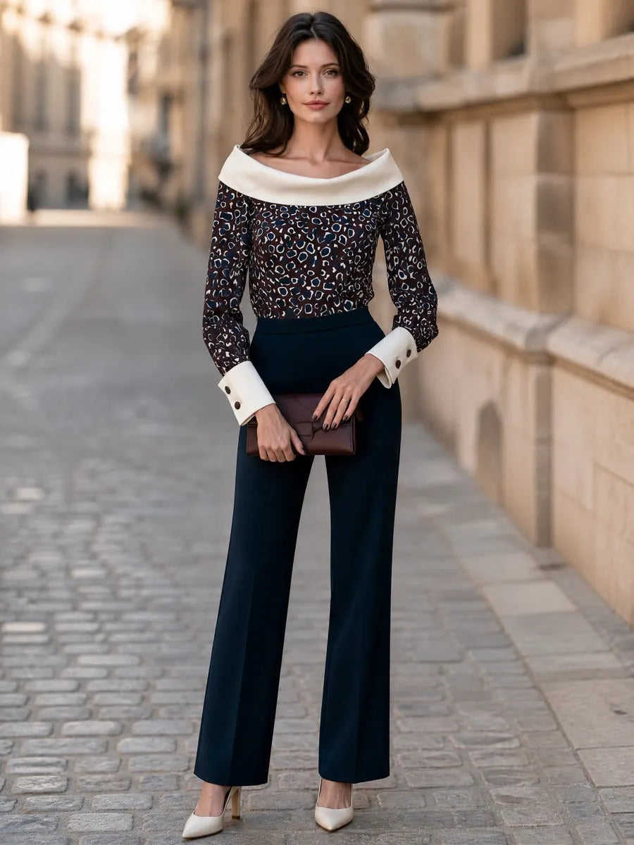 Wide Contrast Fold Collar Printed Blouse