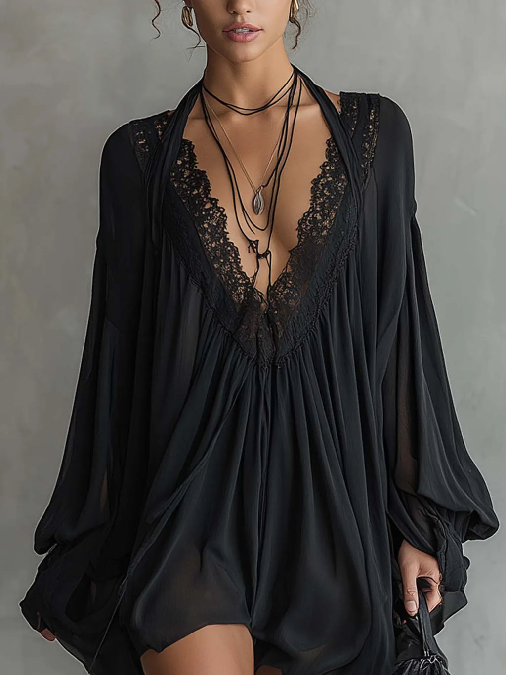 Black Chiffon Halter Mini Dress With Lace Neckline