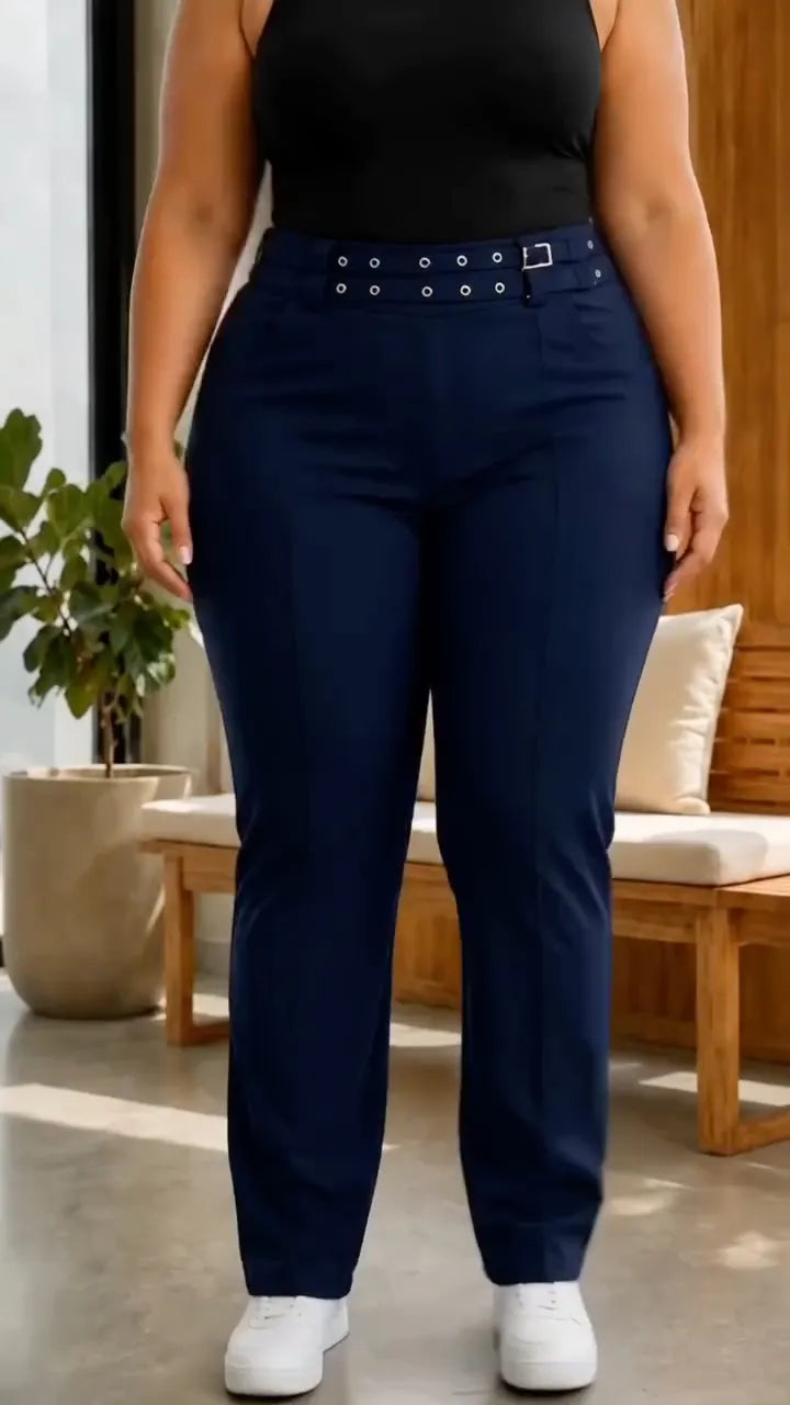 Plus‐Size Double Buckle High‐Waist Straight‐Leg Trousers