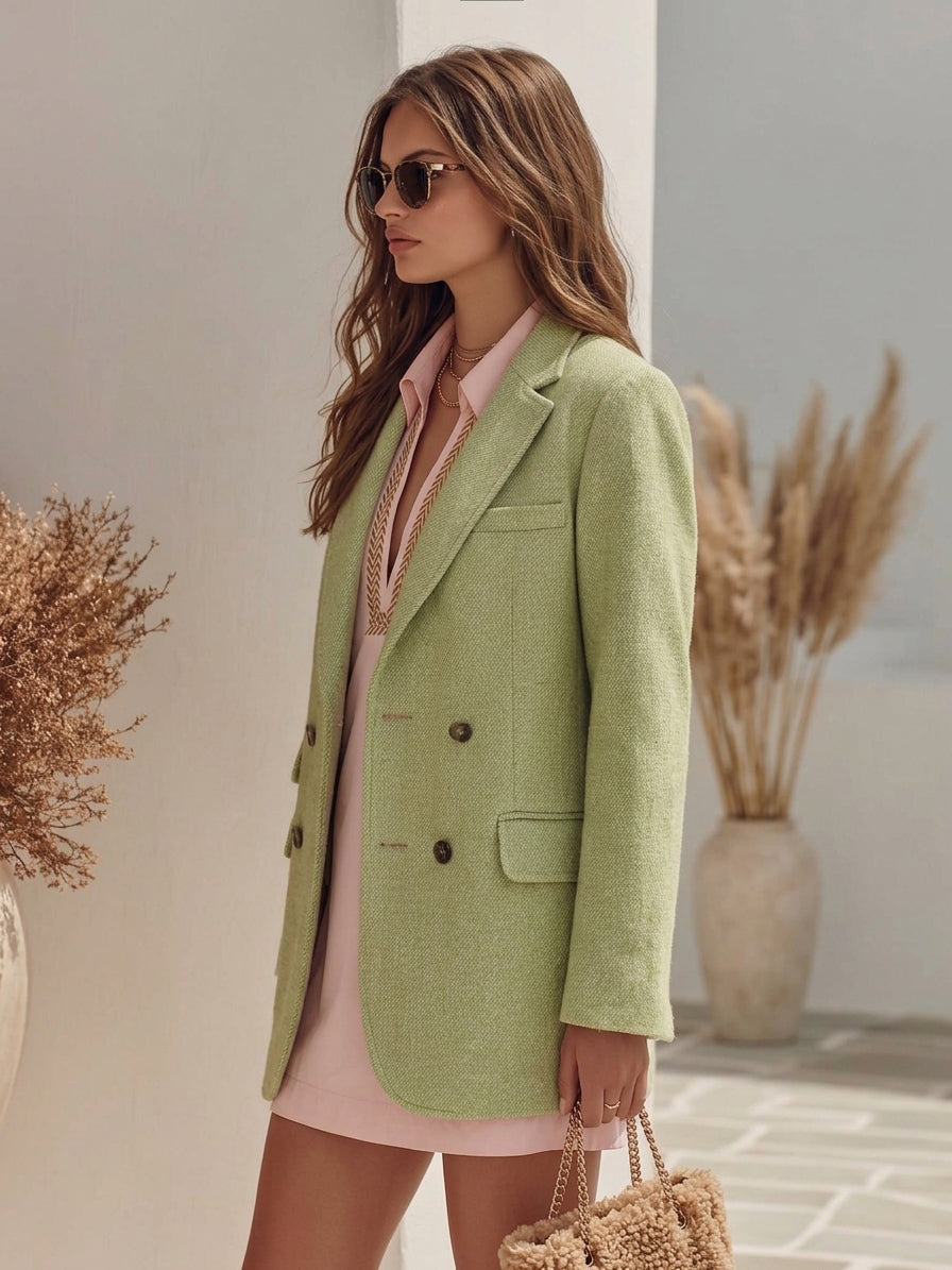 Old Money Resort Sage Green Woolen Double Breasted Blazer