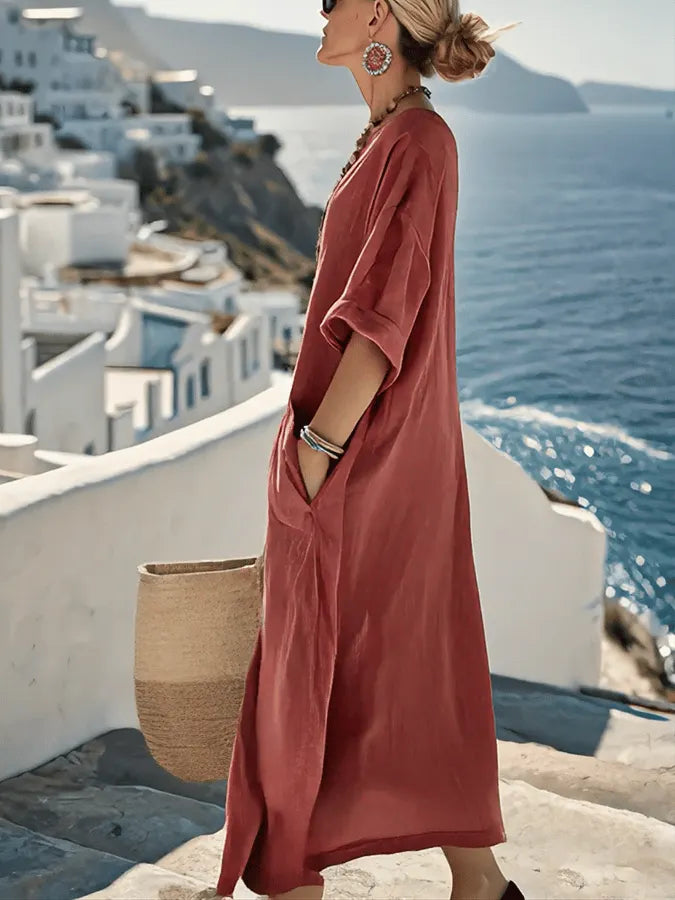 Ladies Loose Solid Pocket Dress