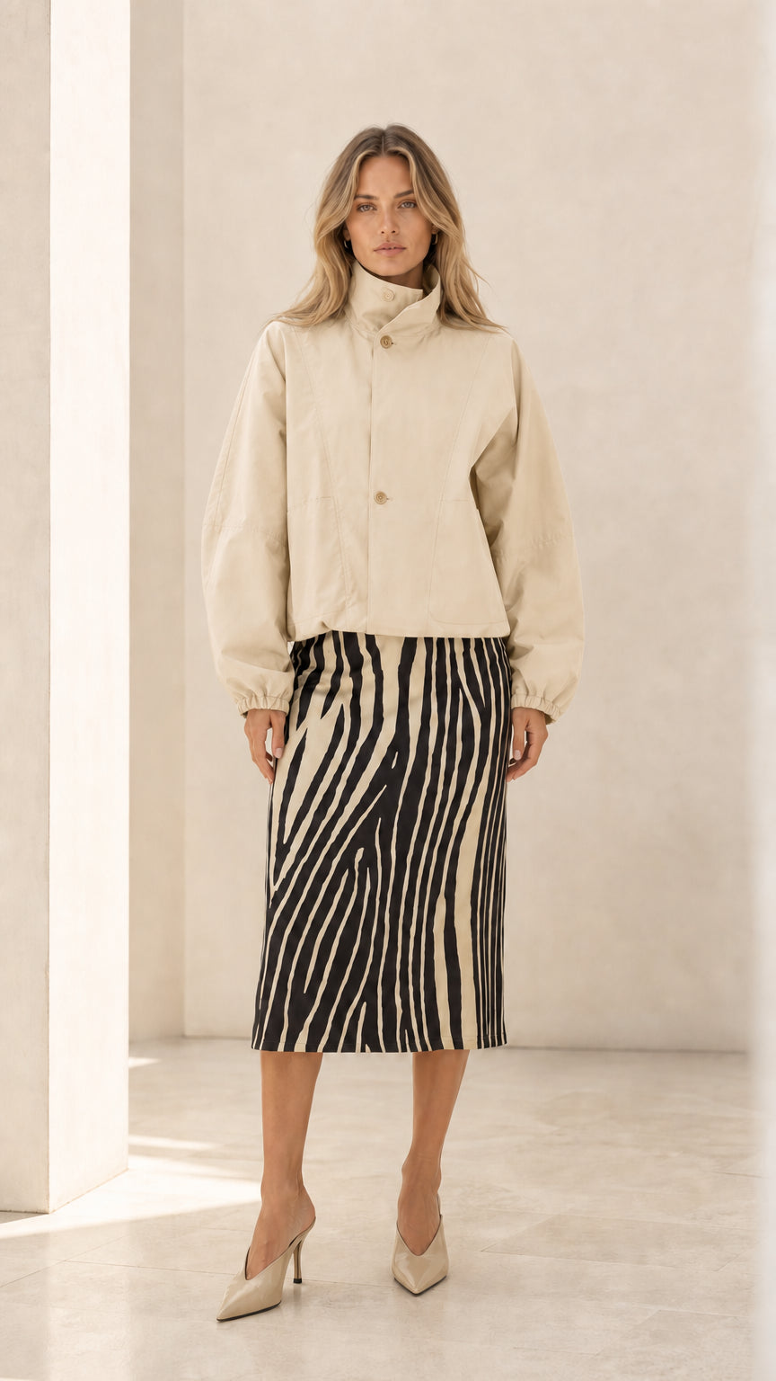 Women's High Neck Cropped Blouson Jacket with Balloon Sleeves