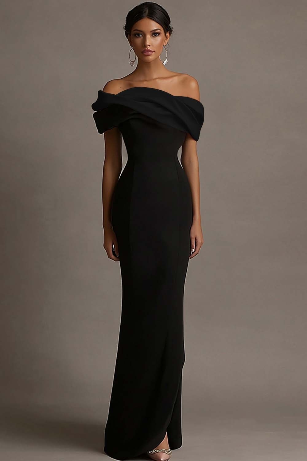 Black and Pink Off the Shoulder Sheath Satin Maxi Evening Dress