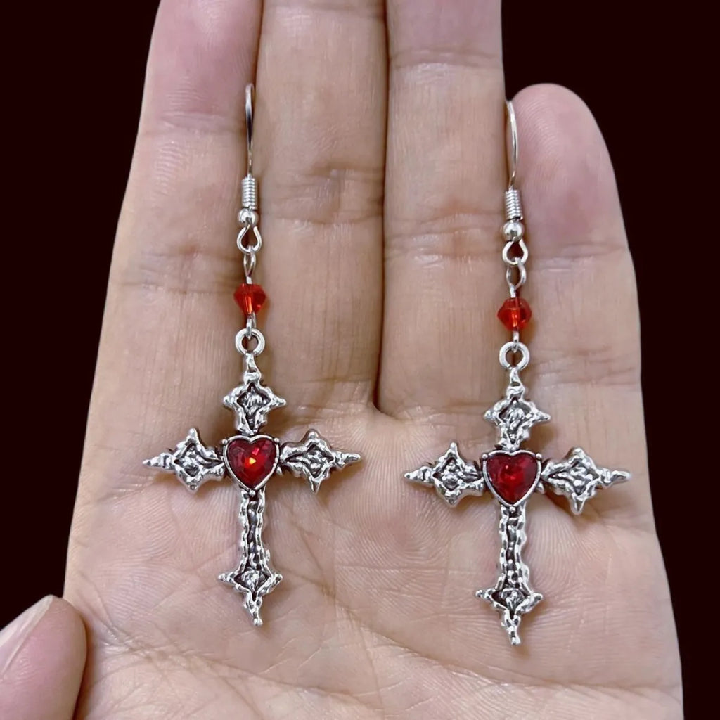 Red Heart Cross Earrings