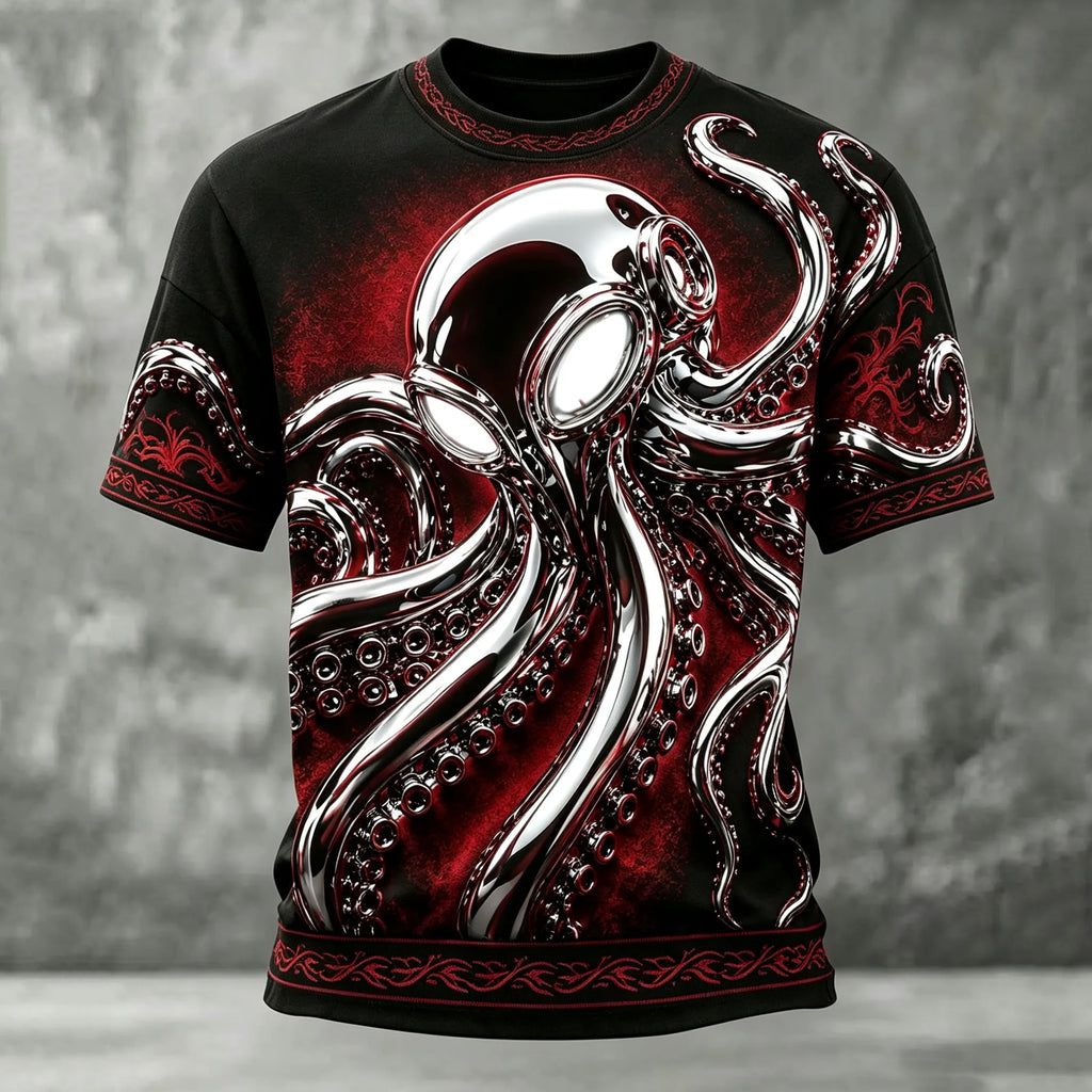 Men's Retro Dark Octopus Print Crew Neck T-shirt