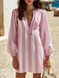Vacation-style Striped V-neck And Long Sleeves Mini Dress