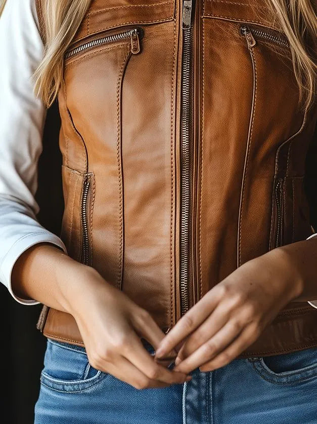 Retro Stand Collar Zipper-up Faux Leather Waistcoat