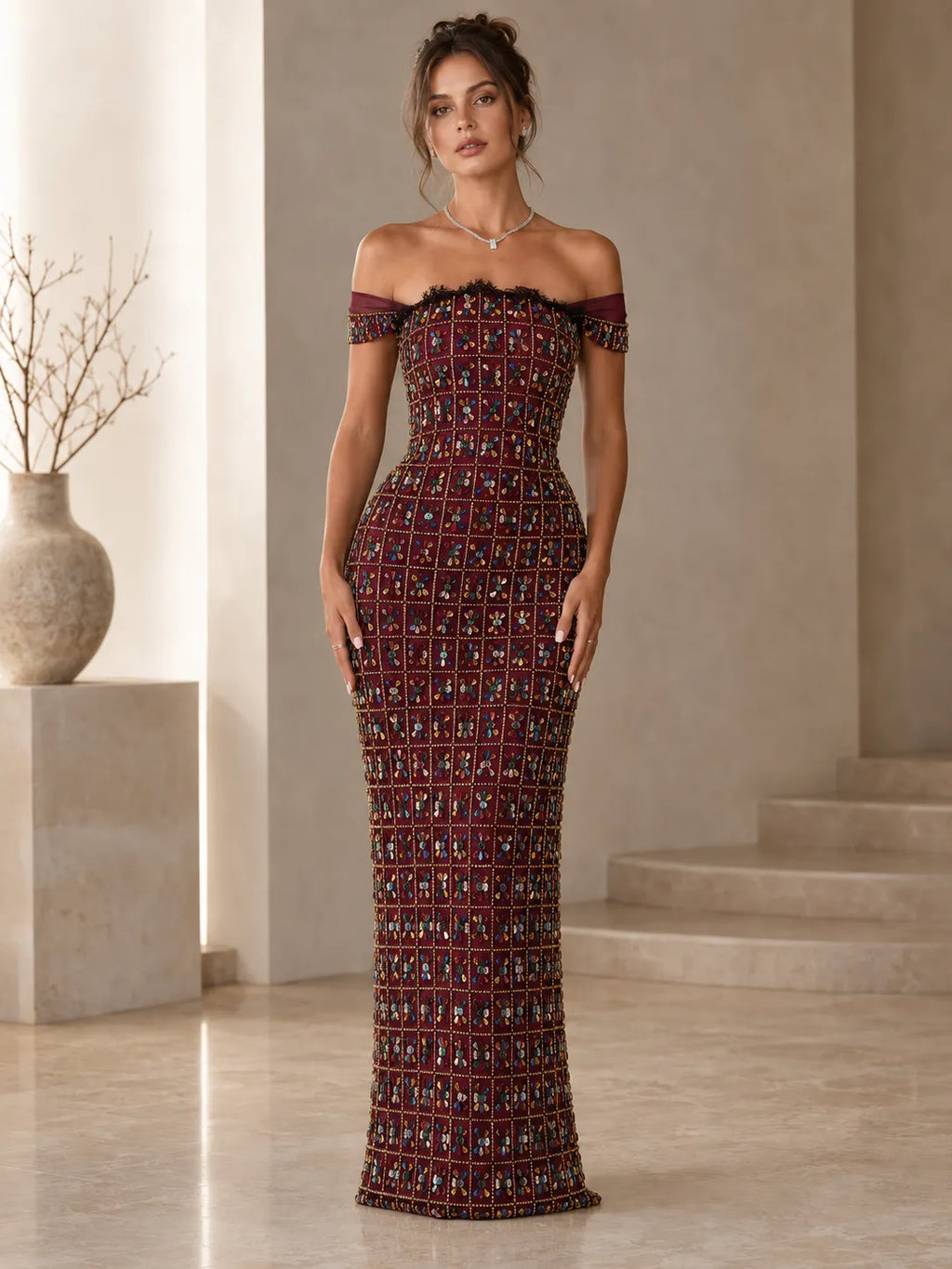 Off-Shoulder Embellished Mermaid Maxi Dress