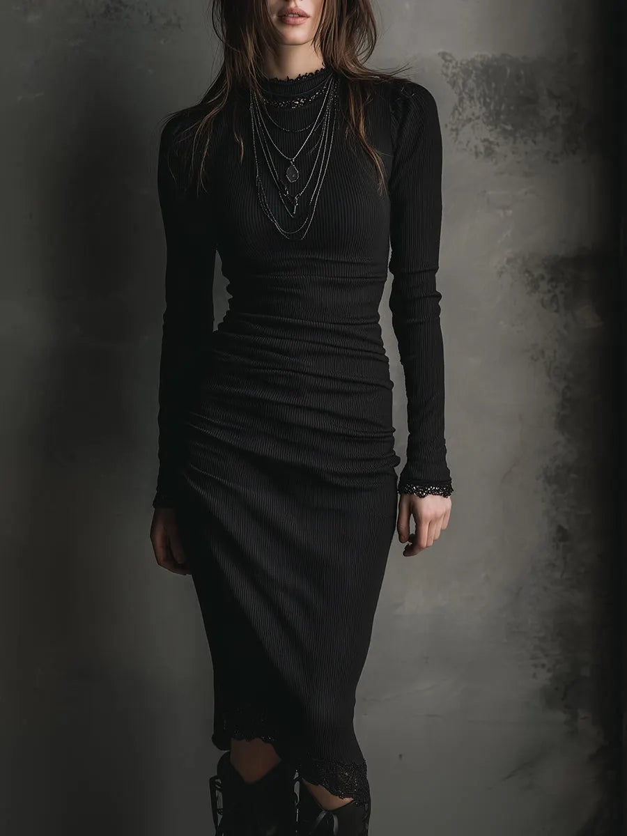 Basic Versatile Bottoming Lace Patchwork Stretch Knit Midi Dress