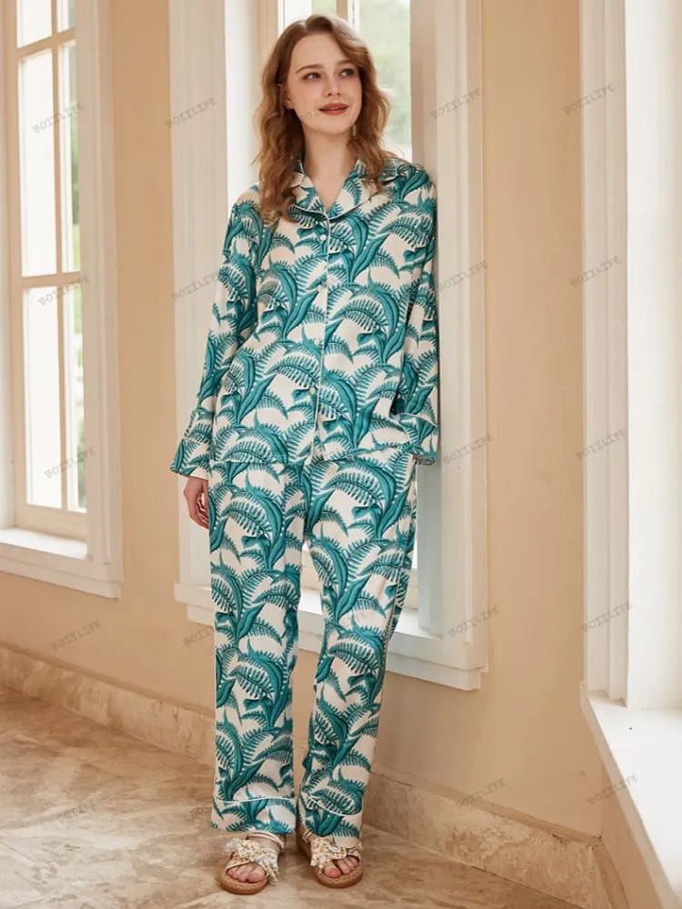 Mimosa Pattern Ice Silk Long Sleeve Casual Wear Set