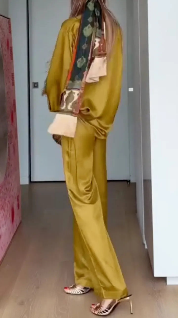 Gold Satin Feather Trim Two‐Piece Pant Set