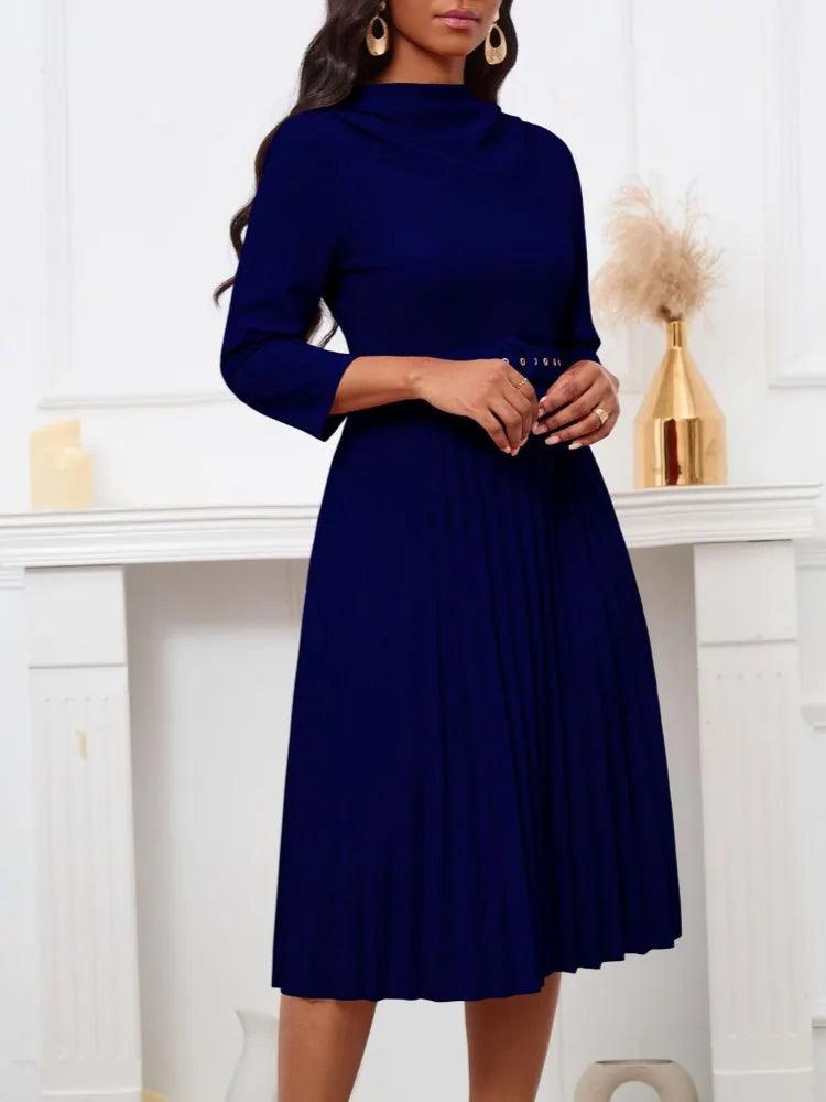 Elegant Solid Color Pleated Dress with Belt