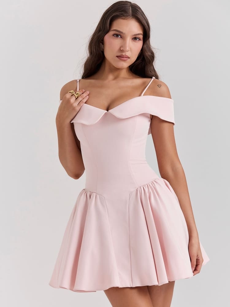 Ballet Pink Off-Shoulder Spaghetti Strap Mini Dress